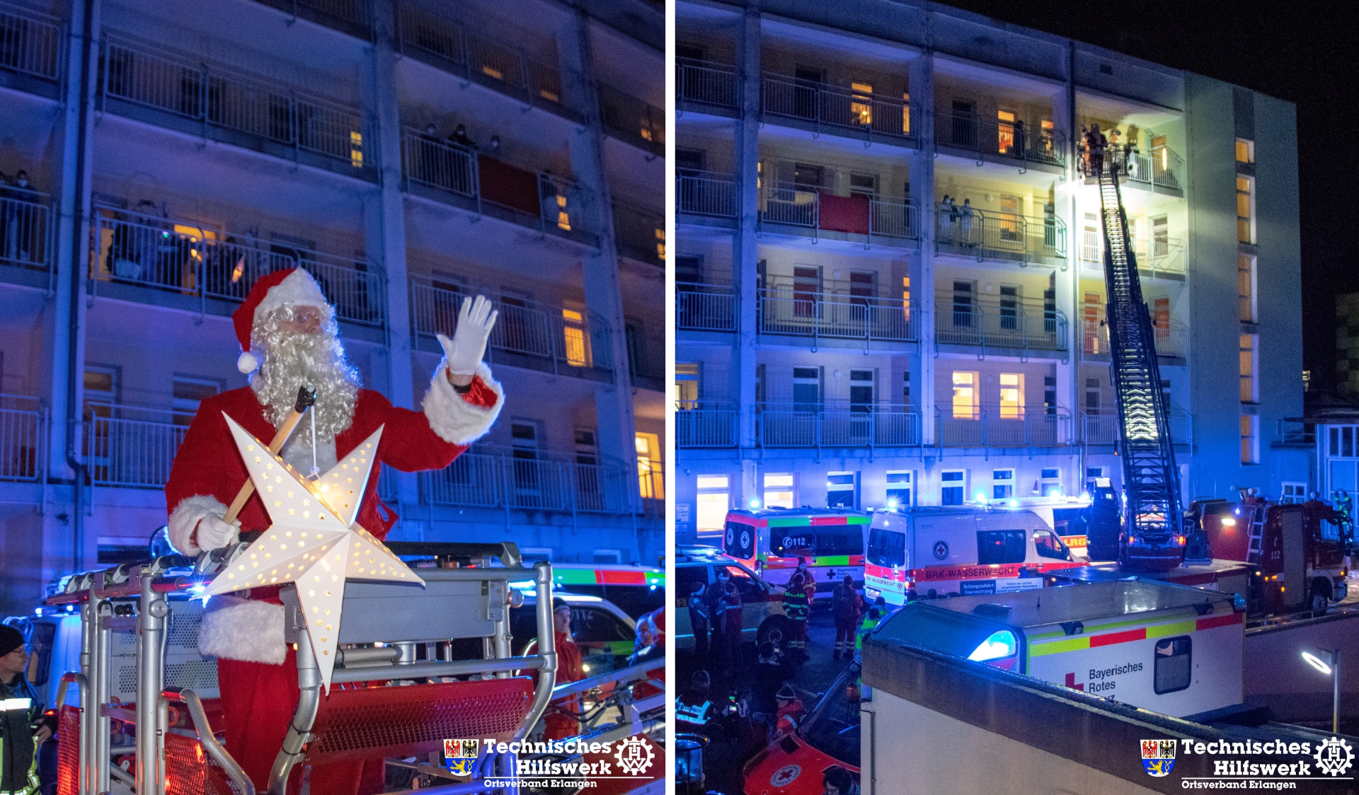 Weihnachtsmann auf der Drehleiter der Feuerwehr vor dem Uni-Klinikum Erlangen